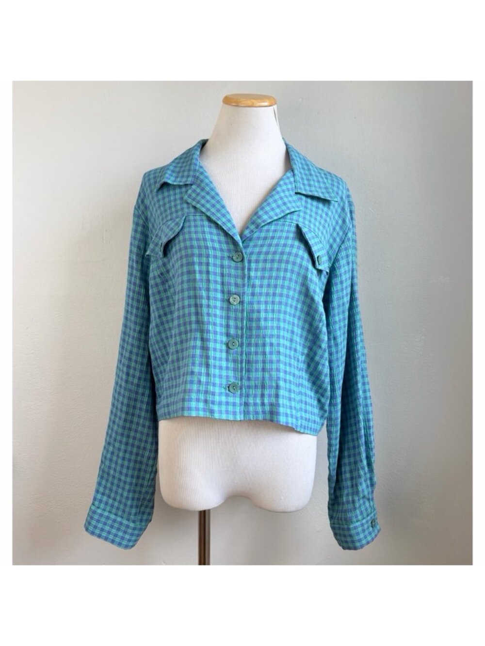 Vintage Teal/Purple Gingham Plaid Cropped Jacket Size Large 90s Checkered Shacke